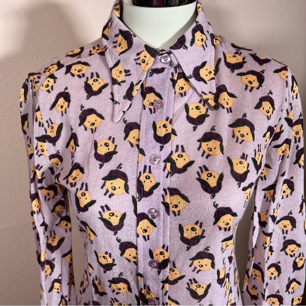 Vintage 60 '70 Mod MCM the red Eye Pig Print Lavender Dagger collar Shirt - Picture 14 of 16